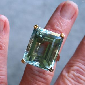 Cluster Rings Sea Blue Topaz Stone Princess For Women Engagement Sapphire Ring 14K Gold Anillos Bizuteria Jade Wedding Sieraden