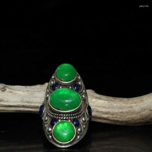 Bagues de cluster vente artisanat chinois ancien tibétain argent incrusté bague de Jade vert pour femmes hommes accessoires de mode