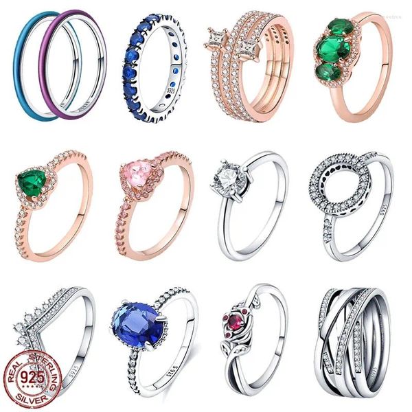 Bagues de cluster Vente de charme de mode 925 Sterling Argent Vert Rose Zircon Coeur Couronne Faire des cadeaux de fiançailles de bijoux fins