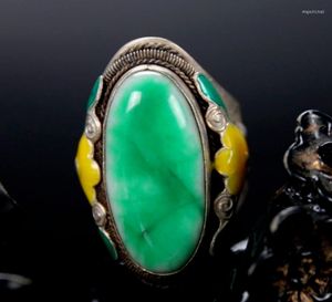 Bagues de grappe vendant de la Chine naturelle vieux travail manuel cloisonné tibétain argent incrusté bague de jade vert pour femmes hommes accessoires de mode