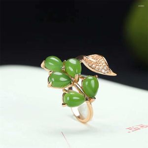 Clusterringen Verkoop van natuurlijke handgesneden Jade Silve ingelegde verstelbare Jasper Bladeren Ring Fashion Jewelry Men Women Luck Gifts