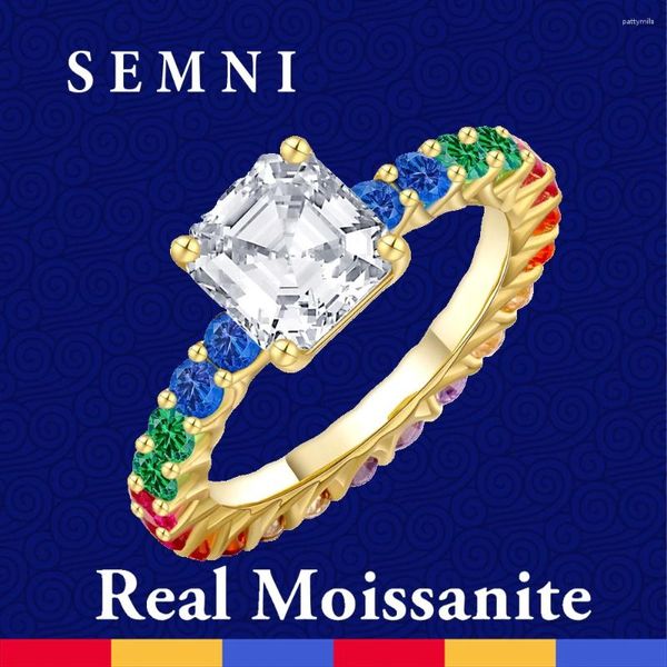 Anillos de racimo SEMNI 2.0CT 7 7 mm Asscher Cut Moissanite Diamond Diamond Anillo para mujeres Ruby Sapphire Emerald Wedding Promise Band 925 Sterling Silver