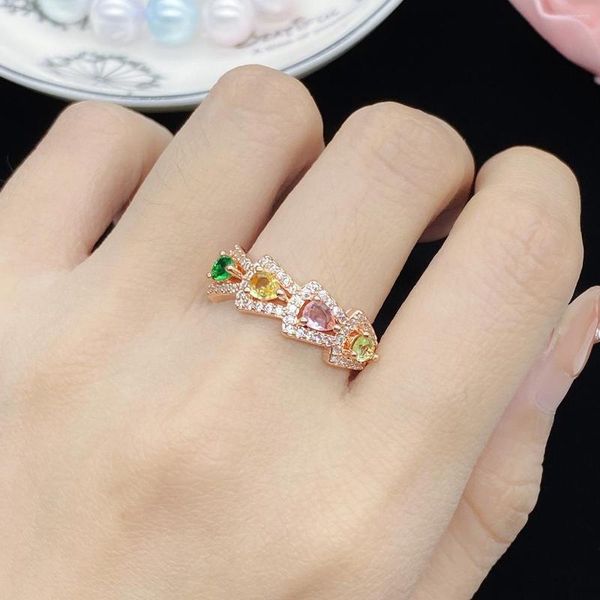 Bagues de cluster Tourmaline de sept couleurs Bague ouverte Tempérament de la mode pour femmes Diamant complet