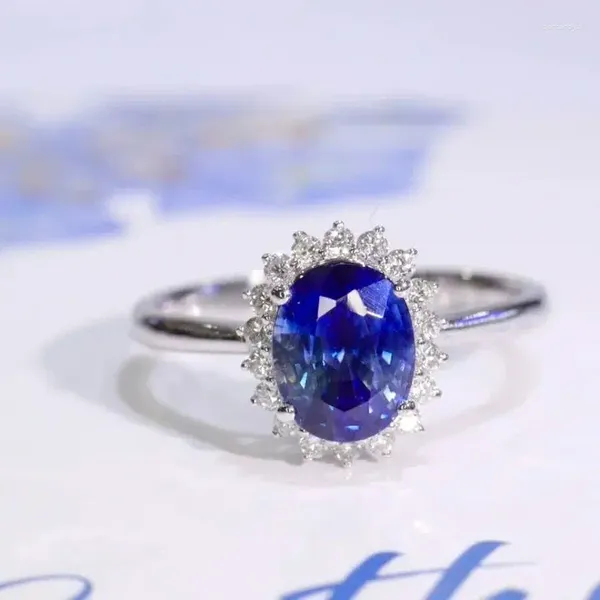 Bagues de cluster SFL2024 Bague saphir véritable pur 18 carats Sri Lanka Paacock Blue Gemstones 1.38ct Diamants Pierres Femme