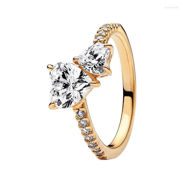 Anillos de racimo Shine Gold Signature Corazones dobles Pila de dedo para mujeres Alianzas de boda Joyería Clear Cubic Zircon Stone Regalo del día de la madre