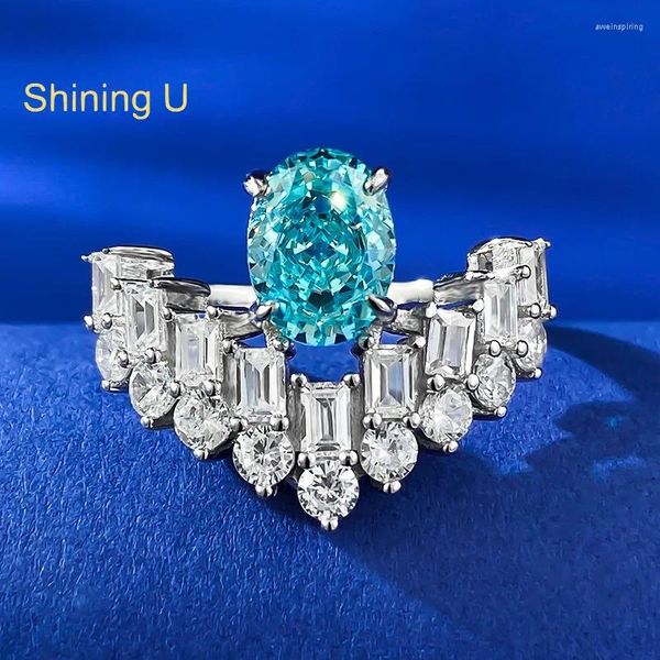 Bagues de cluster Shining U S925 Silver High Carbon Diamond Gems Oval Aquamarine 6 8mm Bague pour femmes Fine Bijoux Cadeau