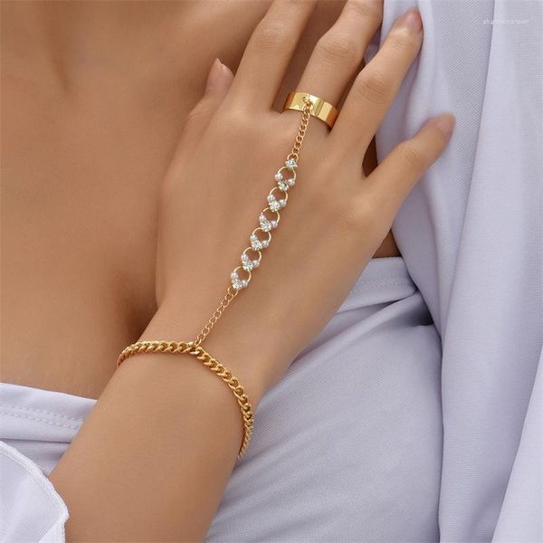 Cluster Anneaux Brillant Strass Perle Chaîne Liée Bague Bracelets Pour Femmes Punk Or Couleur Bracelet Lien Main Harnais Bijoux