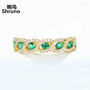 Clusterringen Shruno Solid 14K Geel Gold Natuurlijke diamant voor vrouwen sprankelende echte smaragdgroene verlovingsverjaardag Unieke fijne sieraden