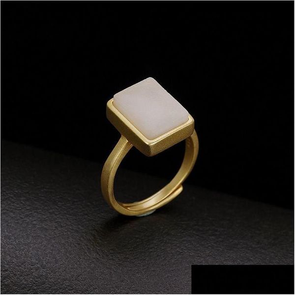 Anneaux de cluster Sier Incrusté Naturel Hetian Blanc Jade Square Géométrique Ouverture Bague Réglable Style Chinois Rétro Luxe Femmes Drop D Dhgyb