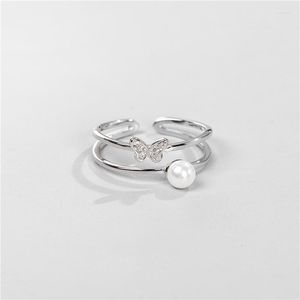 Bagues de cluster Silver 925 Bijoux pour femmes Sterling Double couche Butterfly Pearl Bague ouverte réglable