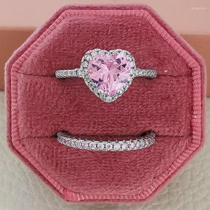 Cluster Anneaux Argent Couleur Mariée Coeur Coupe Cubique Zircon Bague De Mariage Ensemble Pour Femmes Fiançailles Bijoux Bande Éternité Cadeau R6997-rose