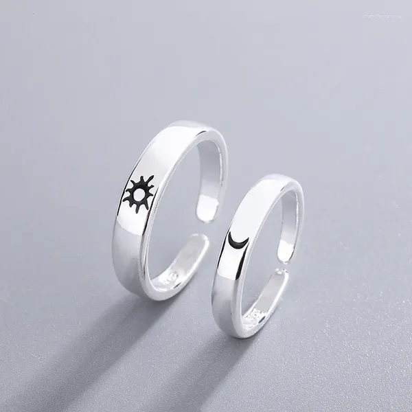 Bagues de cluster Couleur Argent Sun Moon Star Couple Bague Femme Japonaise Coréenne Simple Petite Ouverture Fraîche Paire Bijoux