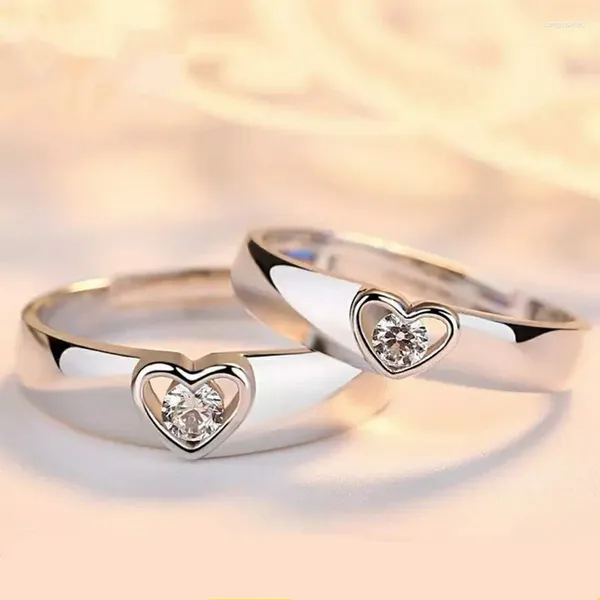 Anillos de racimo Anillo de pareja plateado para los amantes para siempre Amor sin fin Corazón Zircon Joyería de aniversario de compromiso de boda abierta