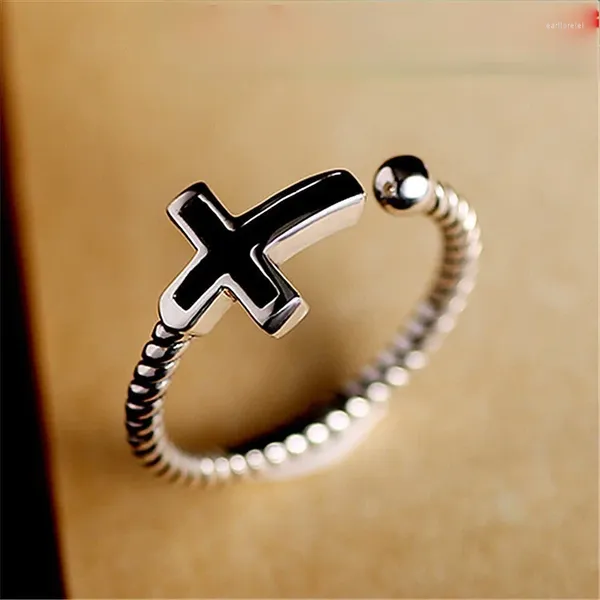 Anillos de racimo plateado único vinilo negro cruz cuerda torcida anillo dividido joyería religiosa para hombres y mujeres regalo de cola