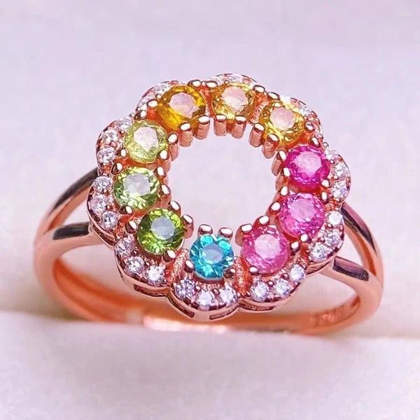 Anillos de racimo anillo plateado joyas finas para mujer con piedra preciosa turmalina multicolora natural 3 3 mm Banquete de boda de regalo