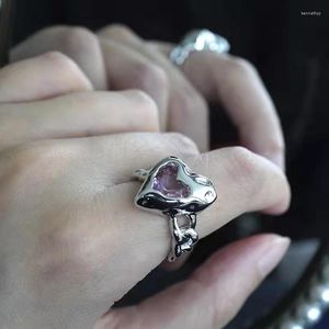 Cluster Rings Silvology Real 925 Sterling Silver Chain Onregelmatig roze zirkon hart voor vrouwen industriële stijl Korea concave fijne sieraden