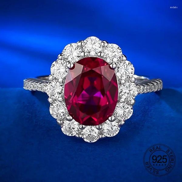 Anneaux de cluster Simple classique 7x9 mm ovale rouge rubis cubique Zircon 925 STERLING SILP Promesse Proposition Ring pour les femmes