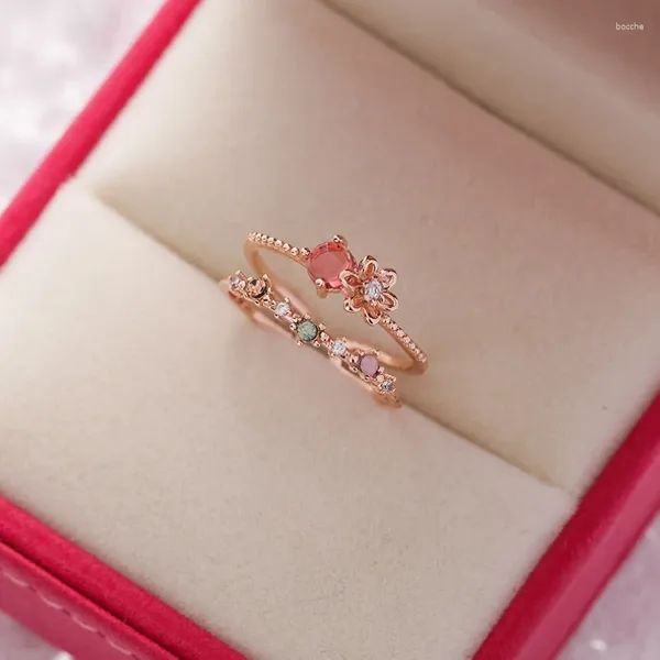 Anillos de racimo Anillo de flores simple para mujeres Mujer Linda Doble capa Dedo Romántico Regalo de cumpleaños Novia Moda Zircon Joyería de piedra