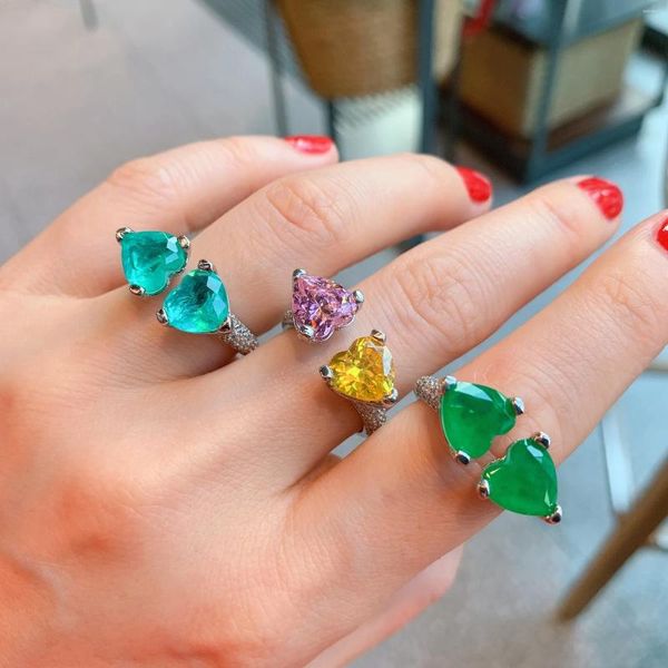 Anillos de racimo Corazón simple AMOR Paraiba Esmeralda Piedra Abierta Ajustable A juego Mujeres Diseñador de lujo Joyería Amante Esposa Regalo Novia