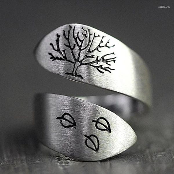 Bagues de cluster Simple Hommes Femmes Bague à vis Argent Couleur Arbre et feuilles brossé Mariage Dames Punk Party Bijoux Ouverture créative