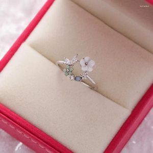 Cluster Ringen Eenvoudige Shell Bloem Ring Vrouwen Vrouwelijke Leuke Boog Vinger Romantisch Verjaardagscadeau Voor Vriendin Mode Zirkoon Steen Sieraden