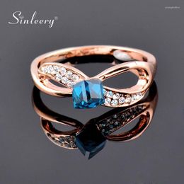 Anneaux de cluster SINLEERY Luxe Blue Cube Crystal Bow Rose Gold Couleur Infinity Hollow Engagement Bijoux pour femmes