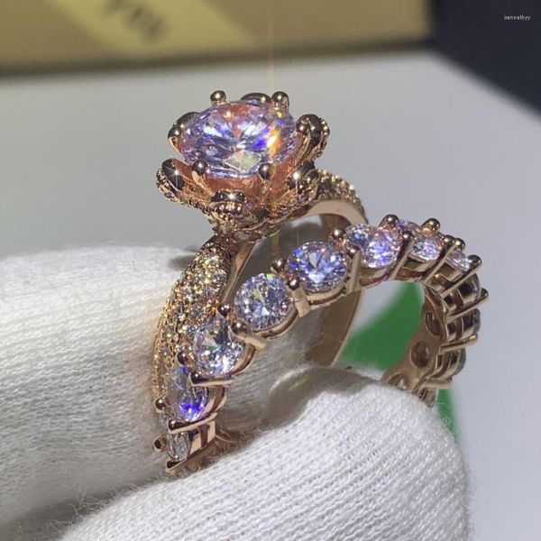 Cluster Rings Taille 5-10 Sparkling Deluxe Jewelry 925 Sterling Silver Round Cut CZ Cubic Zirconia Birthstone Femmes Mariage Bague De Mariée Ensemble