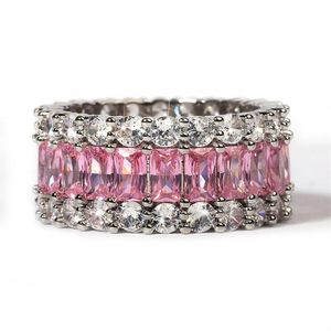 Anillos de racimo Tamaño 6-10 Llegada Joyería de lujo única Plata de ley 925 Corte princesa Zafiro rosa CZ Diamante Mujeres Anillo de boda