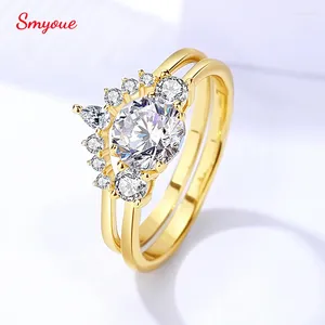 Bagues de cluster Smyoue 1CT Moissanite pour femmes 2pcs Ensembles de bijoux D VVS Solide S925 Sterling Silver Femme Bande de mariage Plaqué 18k Gold GRA