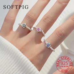 Cluster Ringen SOFTPIG Echt 925 Sterling Zilver Emaille Bloem Verstelbare Ring Voor Vrouwen Klassieke Plant Fijne Sieraden Minimalistische Accessoires