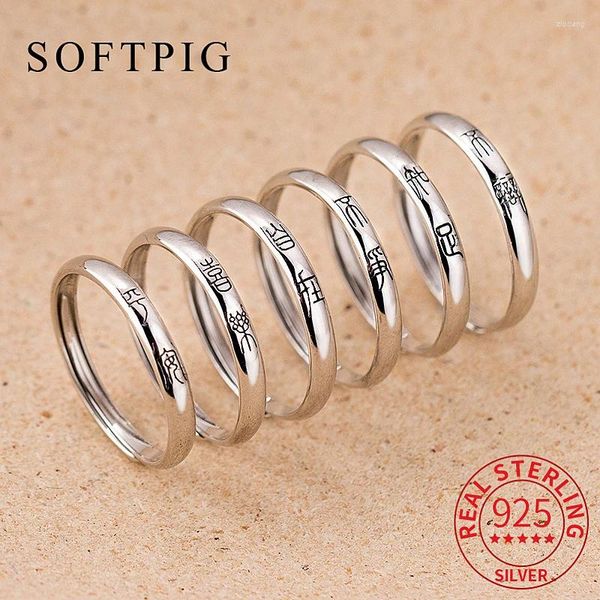 Anillos de racimo SOFTPIG Real 925 Plata esterlina Retro Chino Antiguo Fuente Anillo ajustable para mujeres Cultura nacional Joyería fina