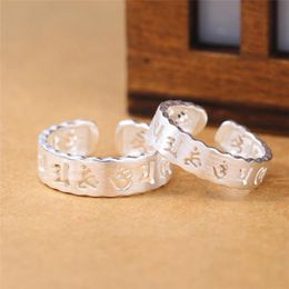 Bagues de Grappe Unique Mémoire Écritures Bouddhistes Simple Douce Personnalité Romantique Argent Sterling 925 Femme Ouverture Redimensionnable SRI363