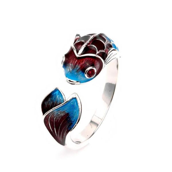 Anillos de racimo Memoria de suela Esmalte de goteo de color Pescado de carpa Buena suerte Color plateado original Apertura redimensionable femenina SRI588