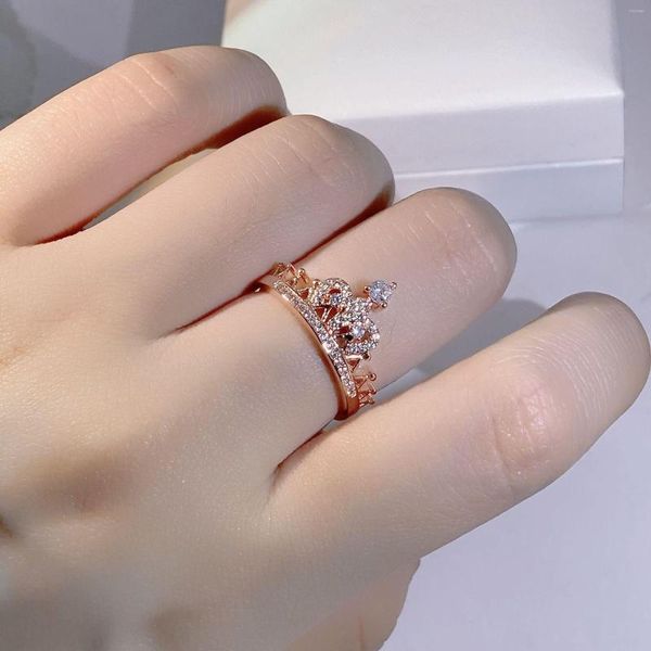 Bagues De grappe solide 14K or Rose diamant couronne bague pour femmes Anillos De Bizuteria bandes De mariage origine pierres précieuses femmes filles