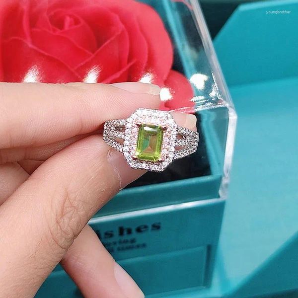 Anillos de racimo Sólido 14K Oro blanco Lleno Peridoto Joyería Piedra preciosa Anillo abierto para mujeres Anillos de plata 925 Anel Box