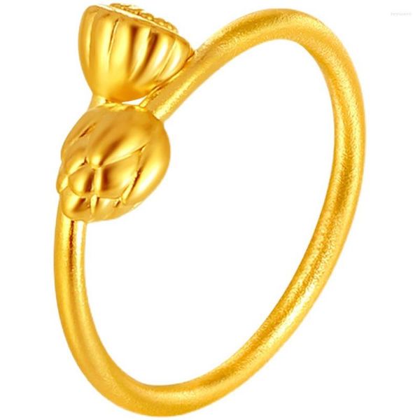 Bagues de cluster Solide Pure 24kt Bague en or jaune Femmes Lotus Flower 1.35-1.5g US8