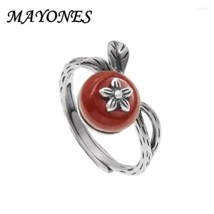 Cluster Rings Southern Red Agate Flower Ring Dames S925 Pure Silver Retro Thai Grand Ethnic Style Food