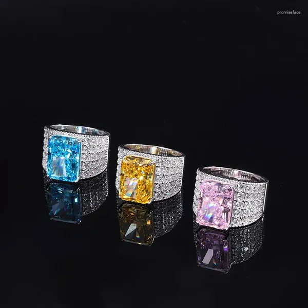 Bagues de cluster Sparkling 10 14mm Rose Jaune Bleu Carré Haute Carbone Diamant Rangée Bague Pour Femmes S925 Sterling Argent Fiançailles De Mariage