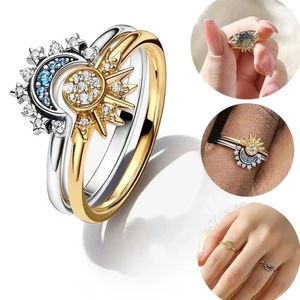 Cluster Rings Sparkling Moon Sun Ring For Women Cocktail Stackable Finger Band Summer Celestial Blue Fashion Silver 925 Fine Jewellry