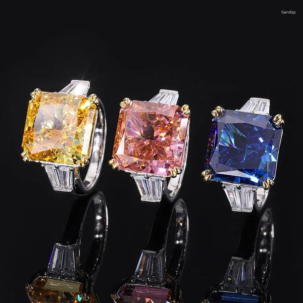 Anillos de racimo brillante amarillo rojo azul cuadrado alto carbono diamante anillo de bodas para mujeres S925 plata esterlina diseñador de lujo regalo de joyería