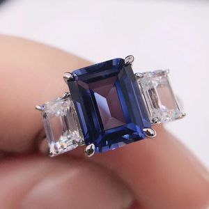 Bagues de cluster Offre spéciale 3ct Emerald Cut Lab Blue Diamond Bague de fiançailles Solide 14K 585 Or blanc Anniversaire Cadeau 190
