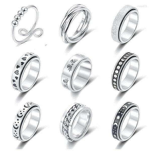 Anillos de racimo Anillo giratorio giratorio para hombres Mujeres Ansiedad Fidget Acero inoxidable Luna Estrella Números romanos Cadena giratoria 2022Cluster Wynn22