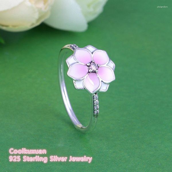 Anillos de racimo Primavera Pale Cerise Esmalte Rosa CZ Magnolia Bloom Ring 925 Sterling Silver Flower Compromiso Joyería para mujeres Niñas