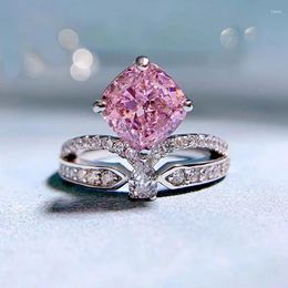 Cluster anneaux printemps qiaoer 925 argent sterling 8 mm radian coupé rose diamant gemme couronne de couronne femme fine bijoux mariage cadeau