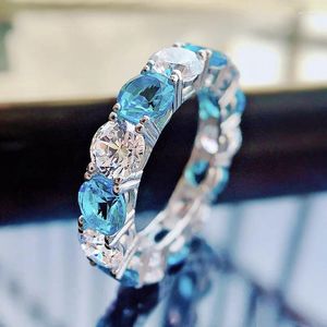 Clusterringen Spring Qiaooer 925 Sterling Silver Lab Hoge koolstof diamant aquamarine ring voor vrouwen cocktailparty Fine Jewelry Birthday Gift