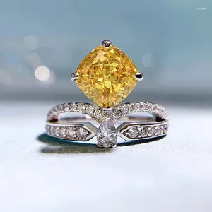 Cluster anneaux printemps qiaoer 925 argent sterling 8 mm radian coupé citrine jaune diamant sonne couronne de pierre de pierre gemme femme fine bijoux de mariage cadeau