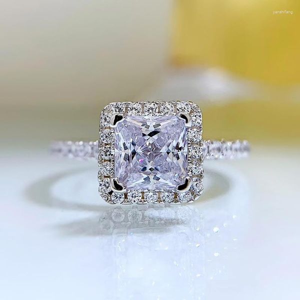 Anillos de racimo Primavera Qiaoer 925 Plata esterlina 6 mm Princesa Corte Alto Diamante de carbono Piedra preciosa Anillo de compromiso de boda Joyería fina