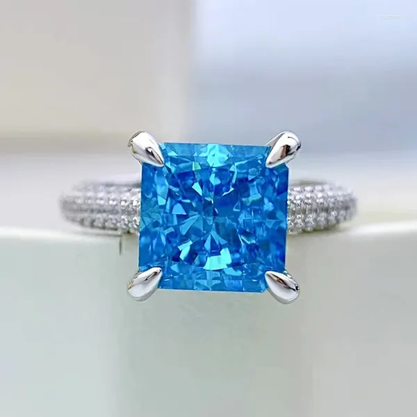 Anillos de racimo Spring Qiaoer Princess Cut 8 mm Aquamarine Ring Real 925 Sterling Silver Farty Bando For Women Promise Jewelry