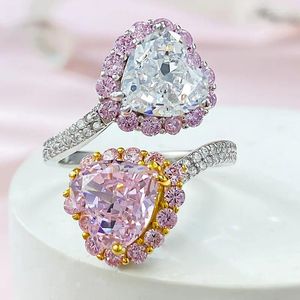 Anillos de racimo SpringLady 2023 S925 Plata esterlina Contraste Rosa Diamante en forma de corazón Alto Carbono Corte de flor Anillo abierto Moda