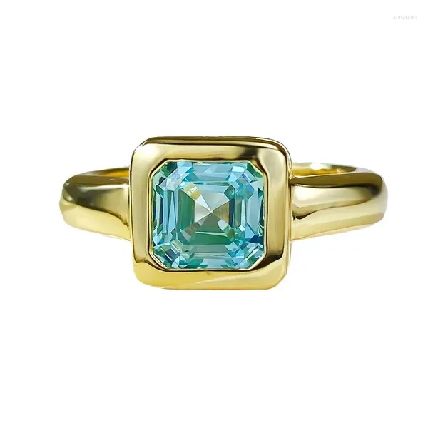 Anillos de racimo SpringLady 7 mm Asscher Cut Aquamarine Gemstone Vintage 18K Chapado en oro 925 Anillo de plata esterlina para mujeres Joyería de compromiso